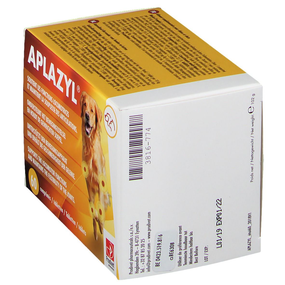 Boîte APLAZYL jaune, vue latérale. Contient des informations sur les ingrédients et le fabricant. Code-barres et date de péremption.
