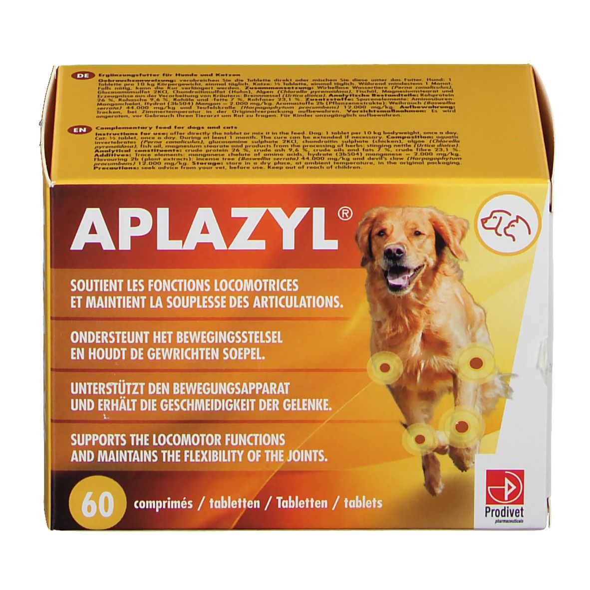 Boîte jaune APLAZYL avec chien. Contient 60 comprimés. Texte en allemand, français, néerlandais et anglais.