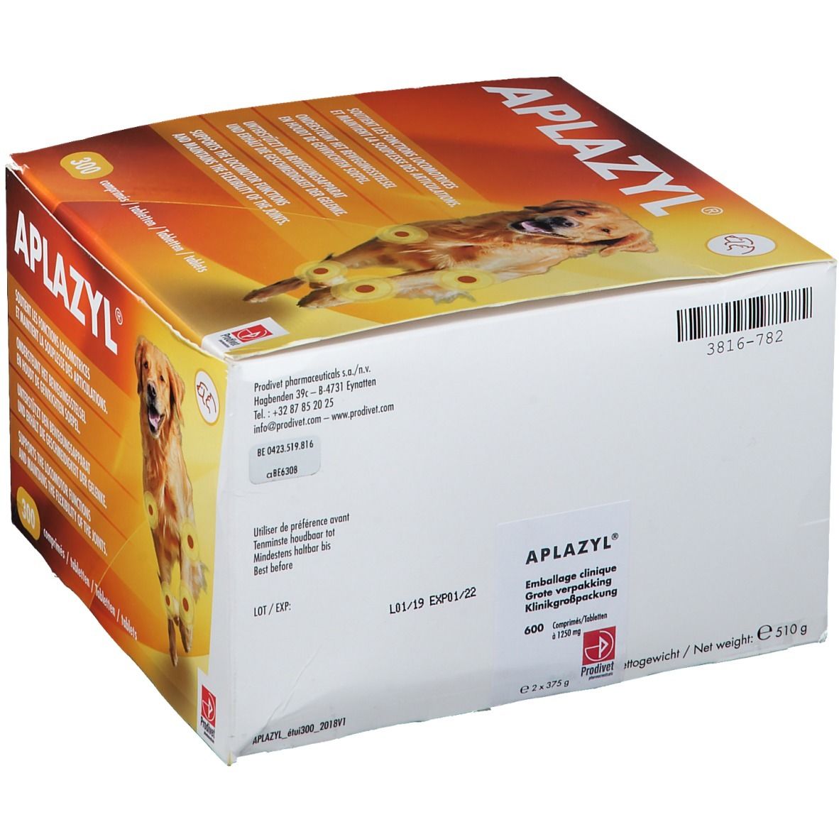 Boîte Aplazyl avec image de chien. Contient 600 comprimés. Texte multilingue sur les fonctions locomotrices.