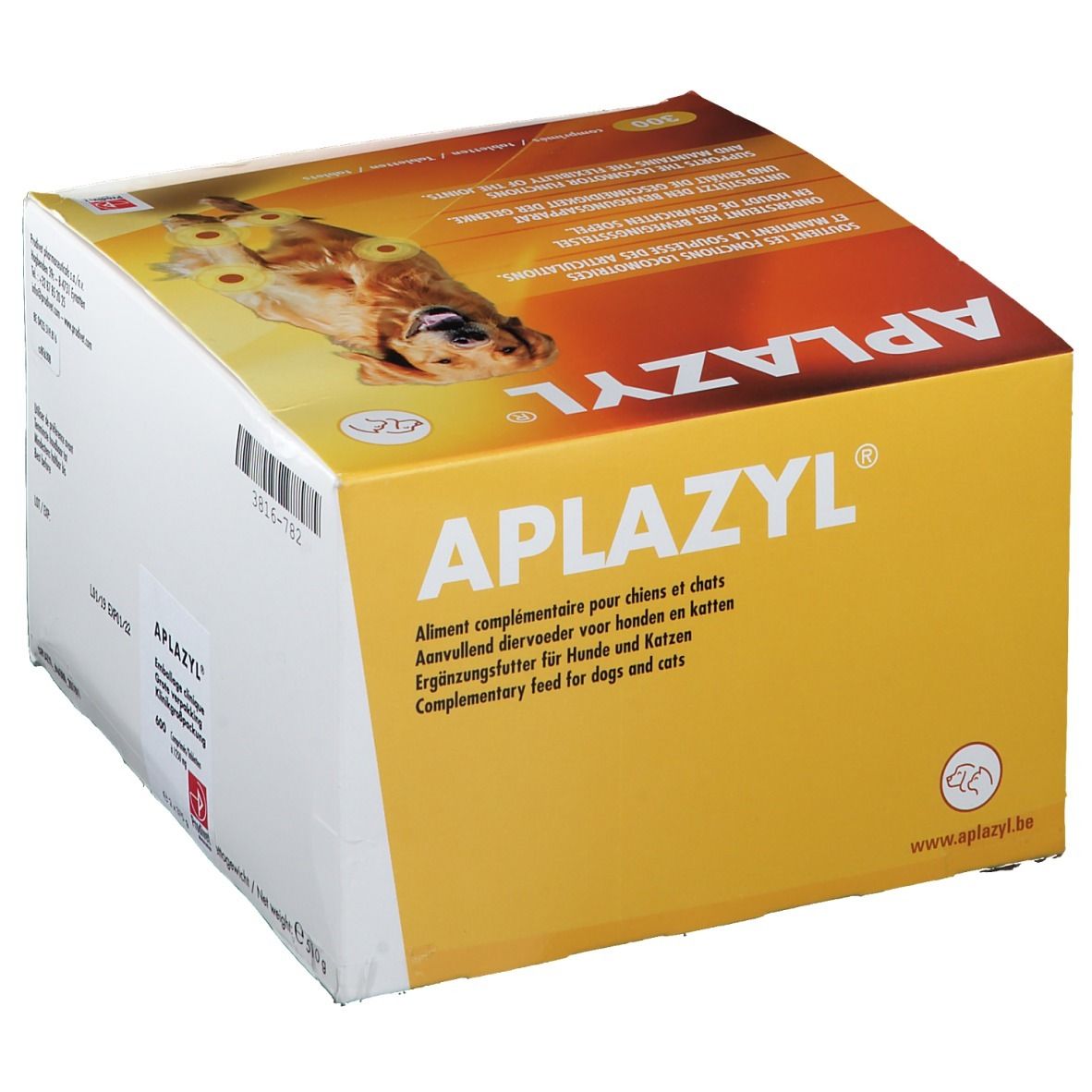 Boîte Aplazyl avec image de chien. Contient 600 comprimés. Texte multilingue sur les fonctions locomotrices.