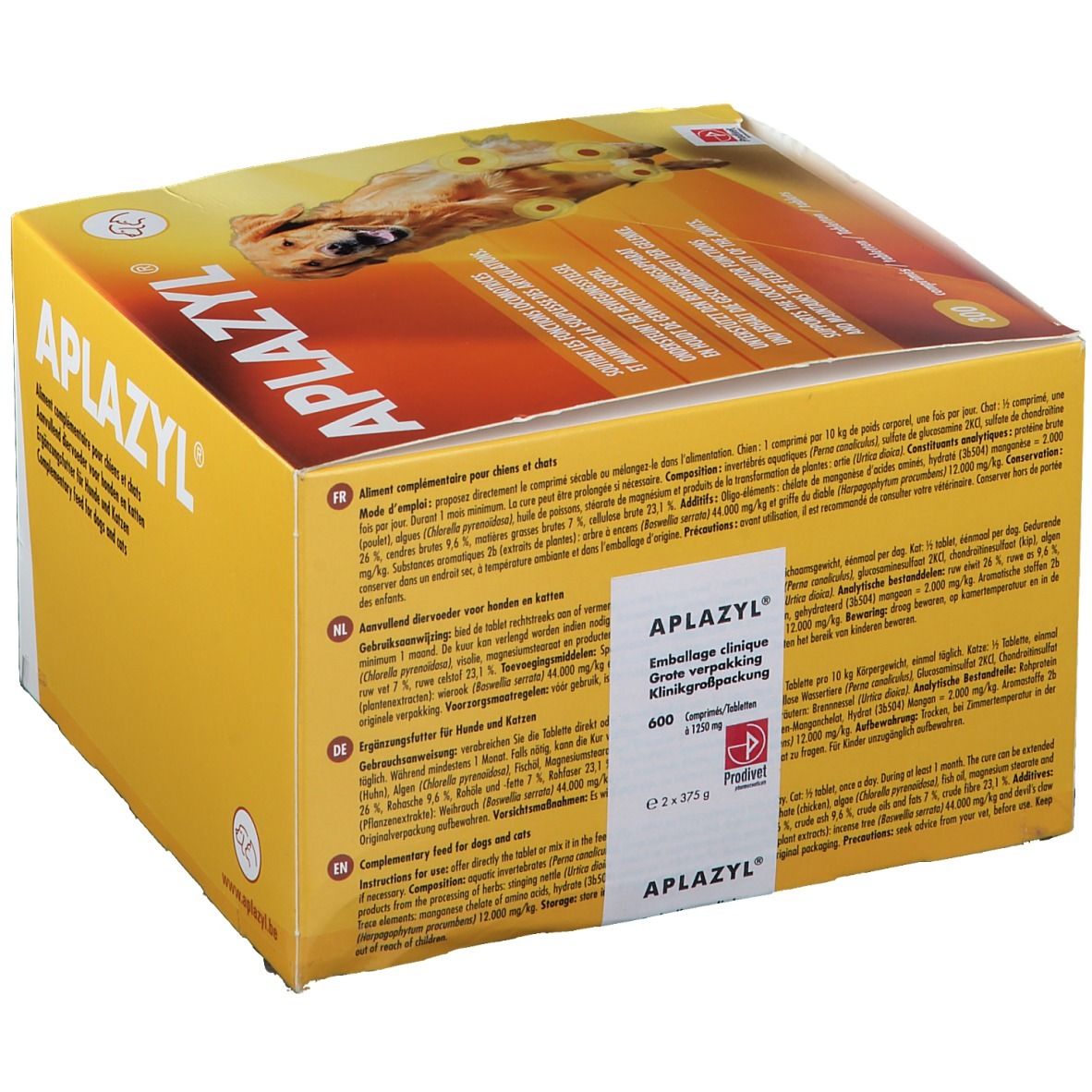 Boîte Aplazyl avec image de chien. Contient 600 comprimés. Texte multilingue sur les fonctions locomotrices.