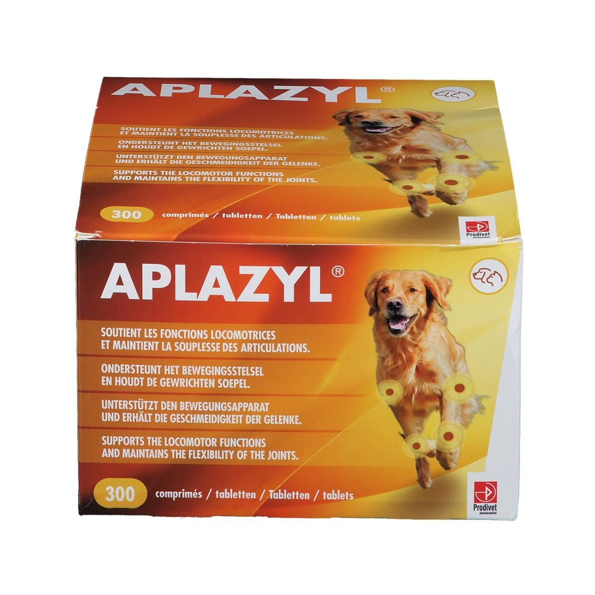 Boîte Aplazyl avec image de chien. Contient 300 comprimés. Texte multilingue sur les fonctions locomotrices.