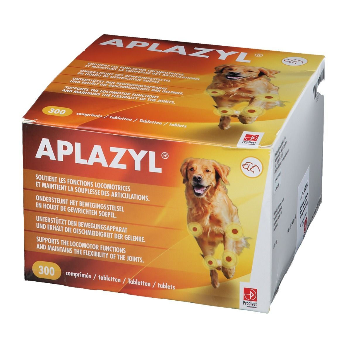Boîte Aplazyl avec image de chien. Contient 300 comprimés. Texte multilingue sur les fonctions locomotrices.