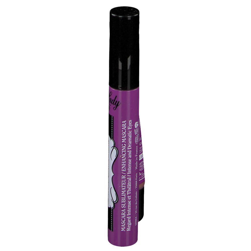 Tube de mascara violet avec bouchon noir. Inscription: Enhancing Mascara. Texte en anglais et français.