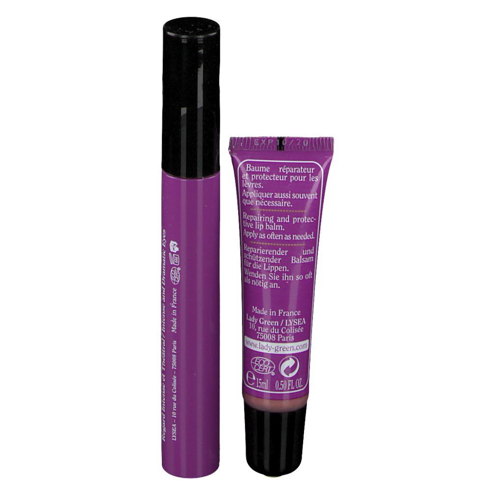 Tube de mascara violet et tube de gloss. Bouchons noirs. Gloss avec inscription: Baume réparateur pour les lèvres.