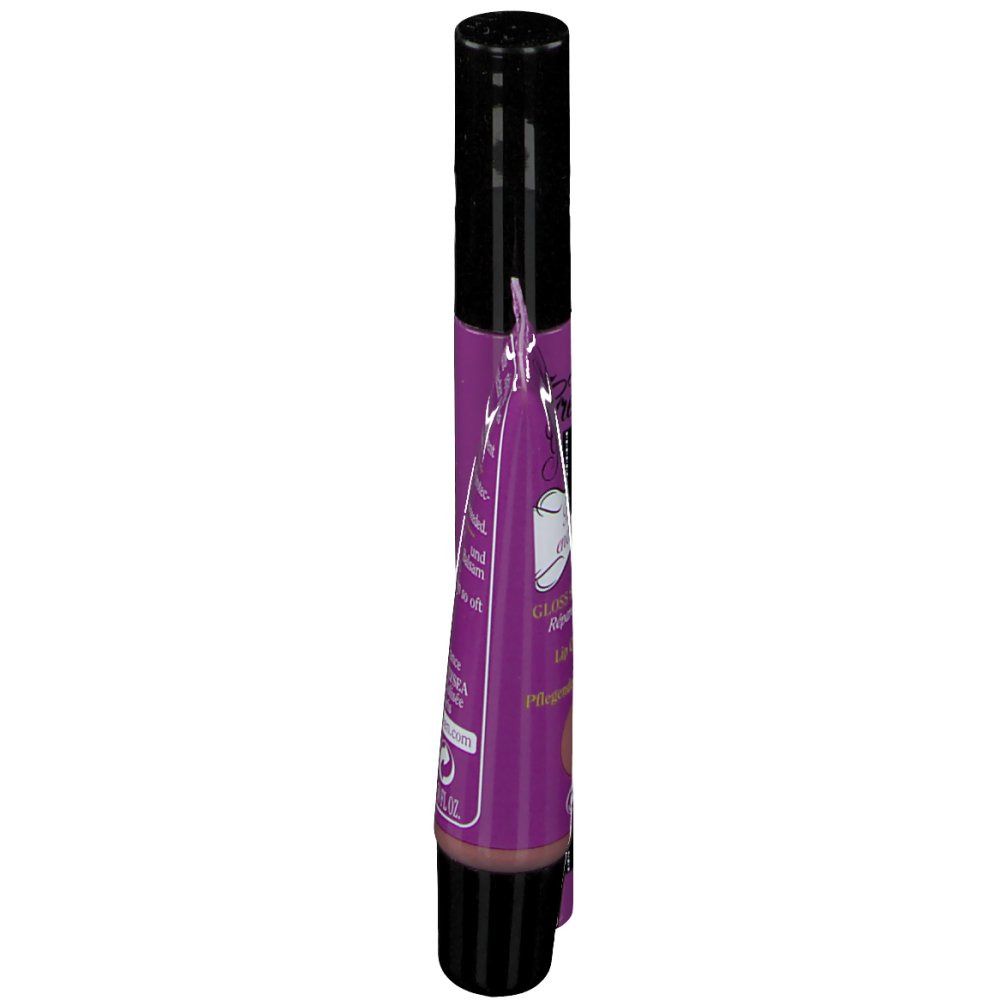 Tube de gloss, violet avec bouchon noir. Inscription: Baume réparateur pour les lèvres. Texte en français.