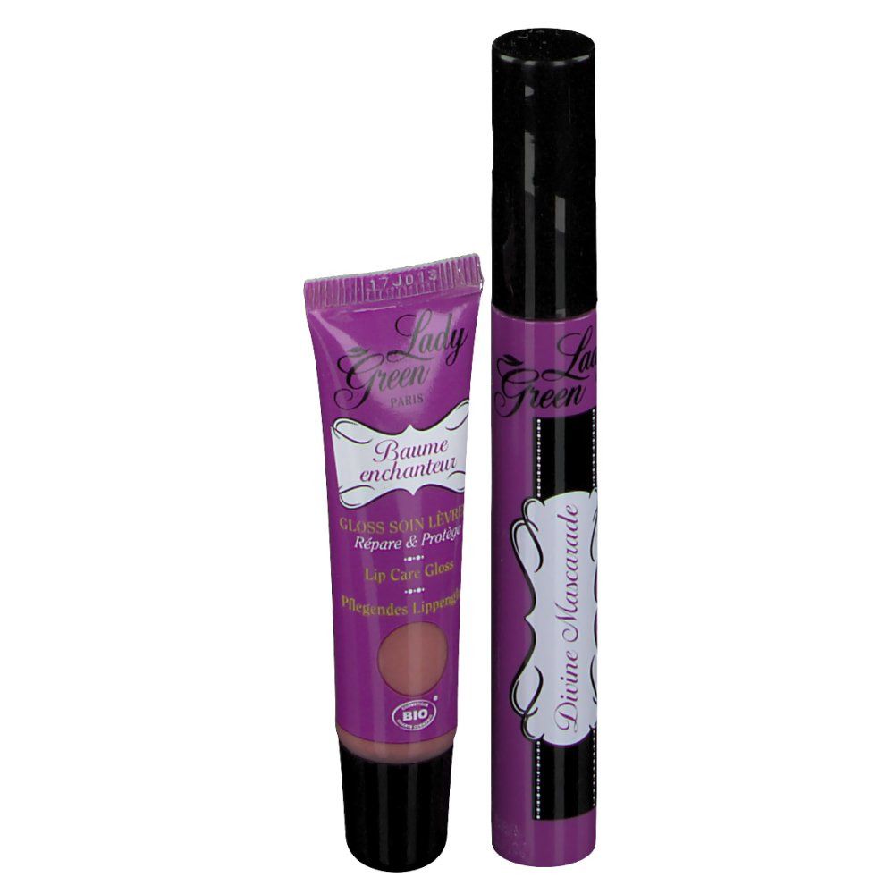 Tube de mascara et tube de gloss. Violet et noir. Gloss avec inscription: Baume enchantant. Mascara: Divine Mascarade.