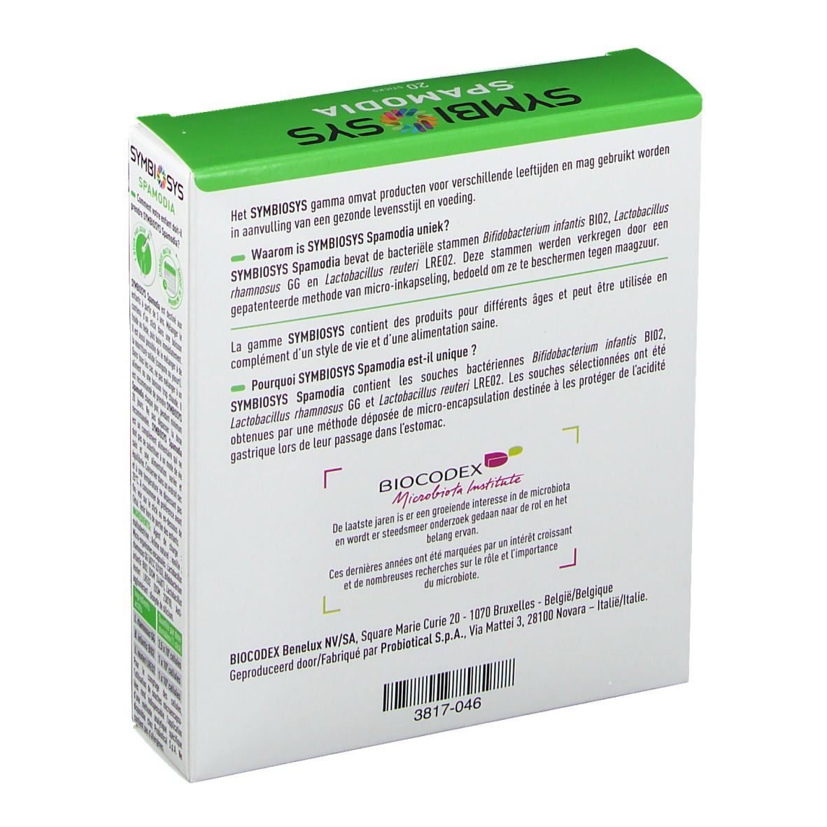 Dos de la boîte Symbiosys Spamodia. Blanc avec accents verts. Texte et logos. Logo Biocodex.