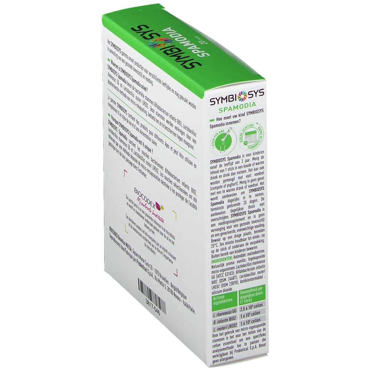 Dos de la boîte Symbiosys Spamodia. Blanc avec accents verts. Texte et logos. Logo Biocodex.