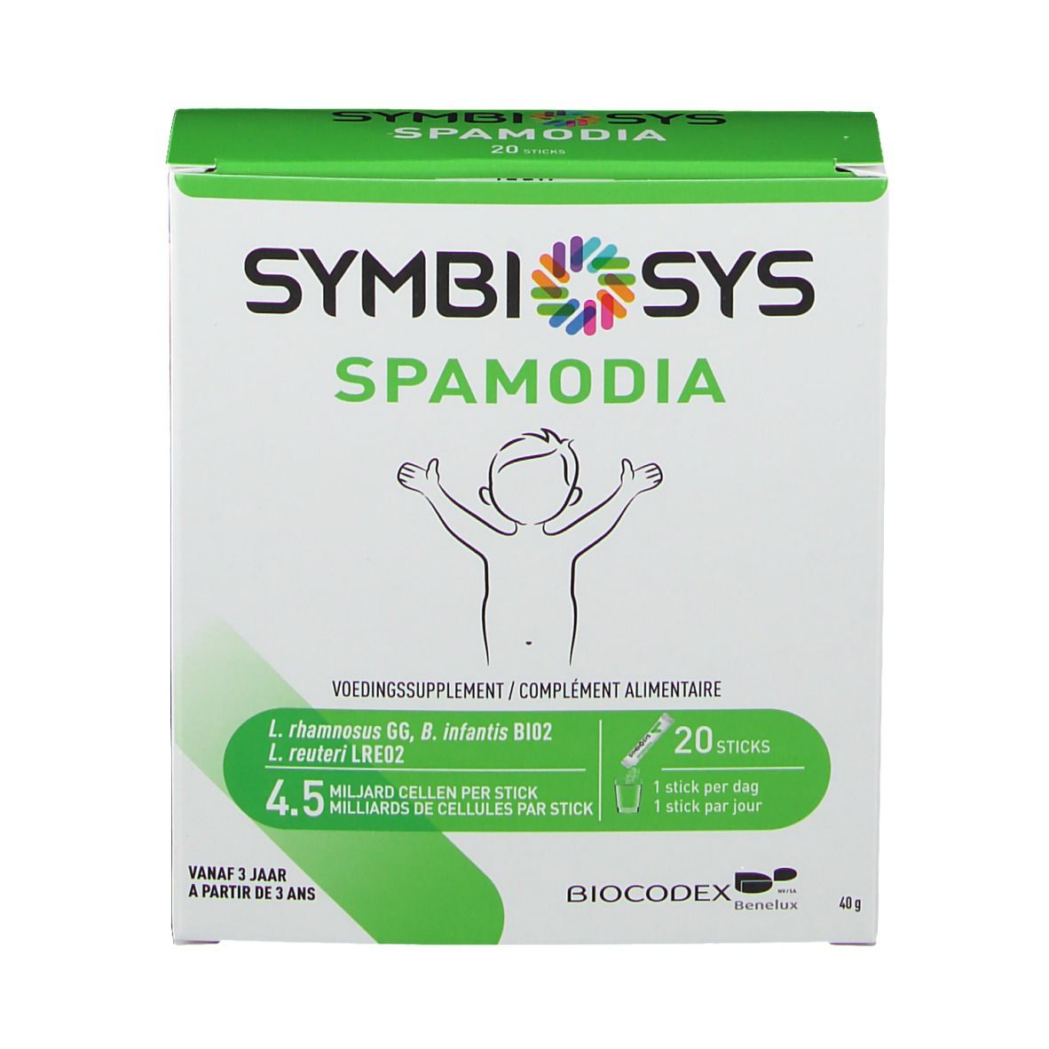 Face avant de la boîte Symbiosys Spamodia. Blanc avec accents verts. Texte: Symbiosys, Spamodia, illustration enfant. 20 sticks.