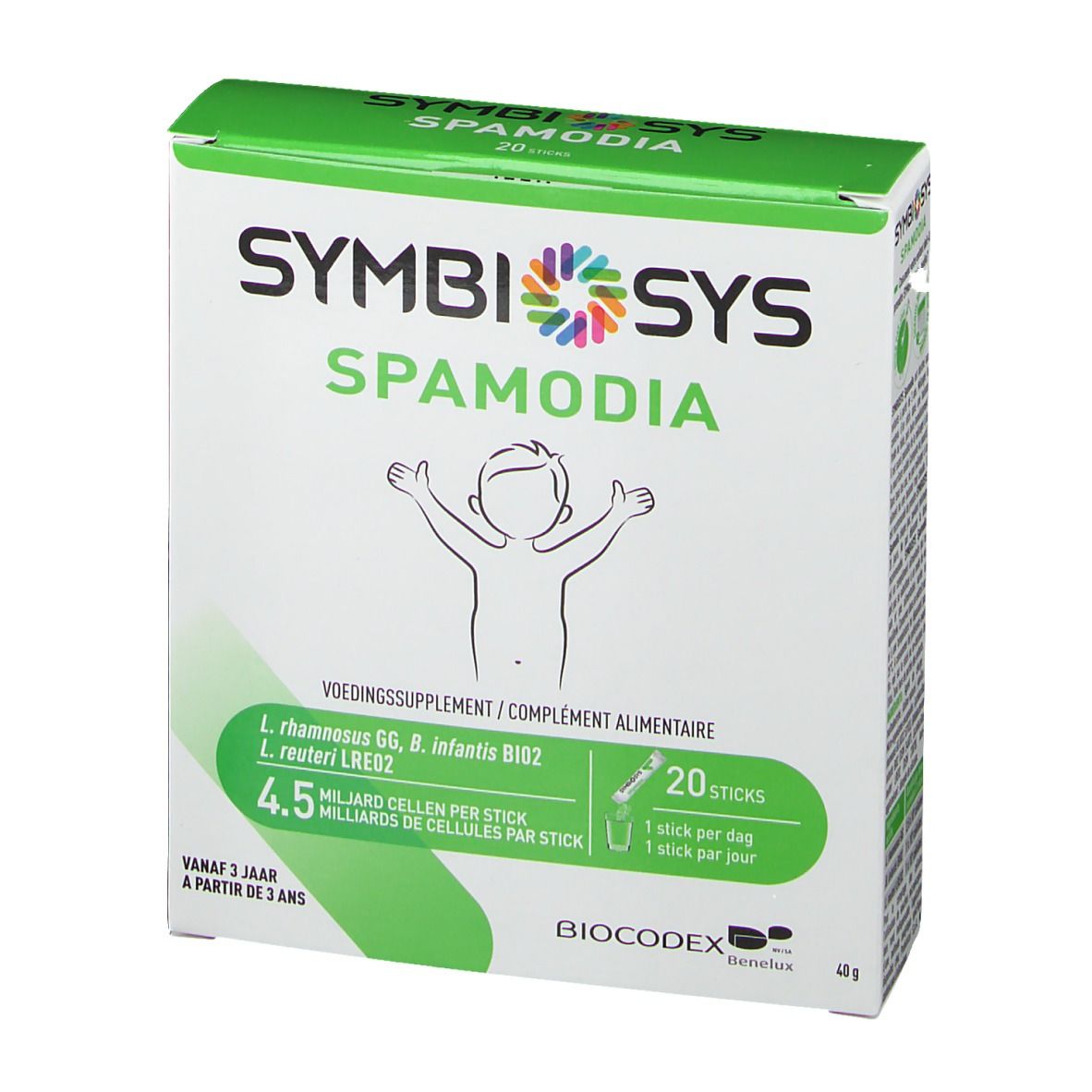 Face avant de la boîte Symbiosys Spamodia. Blanc avec accents verts. Texte: Symbiosys, Spamodia, illustration enfant. 20 sticks.