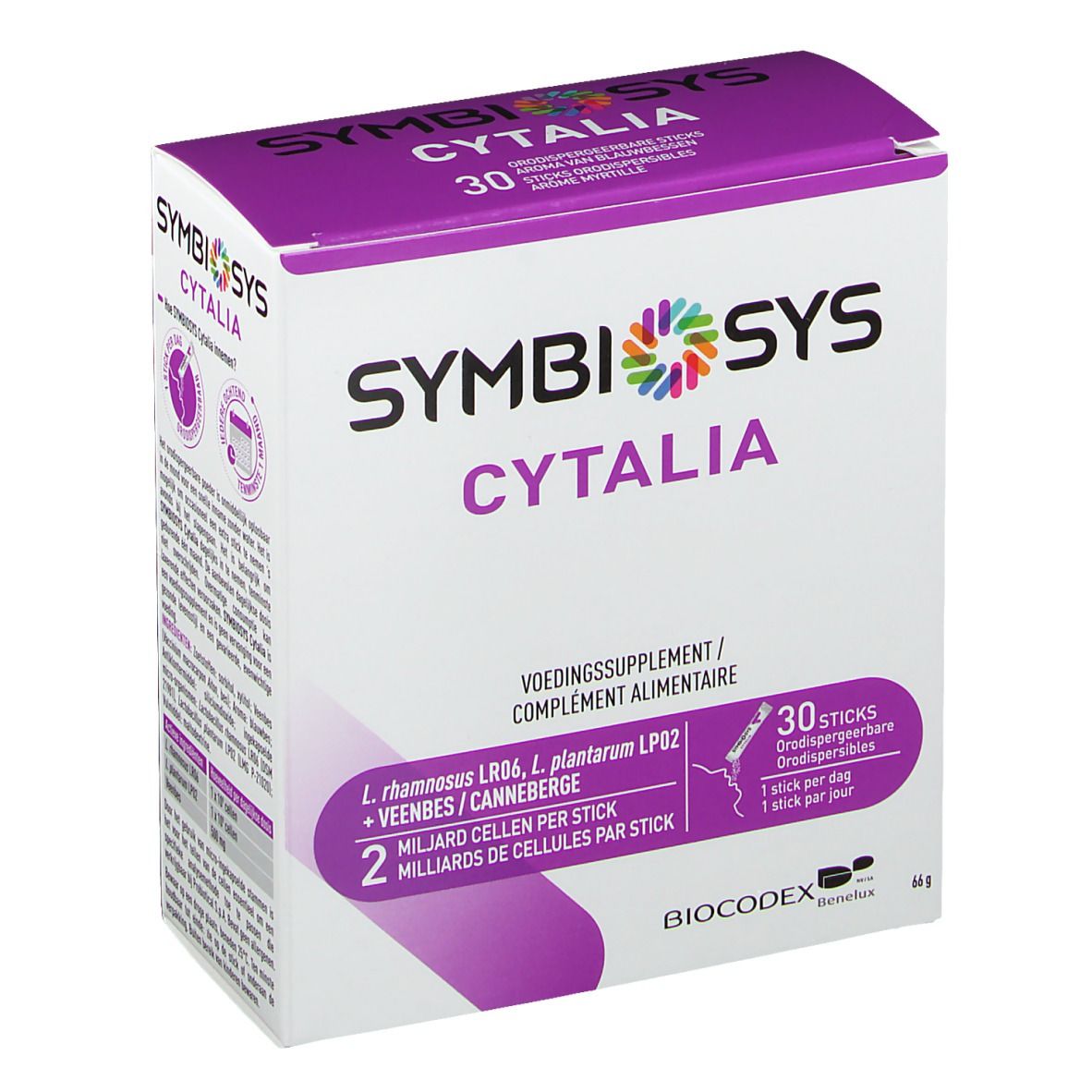 Boîte SYMBIOSYS Cytalia. Emballage violet et blanc. Contient 30 sticks. Texte : "2 milliards de cellules par stick".