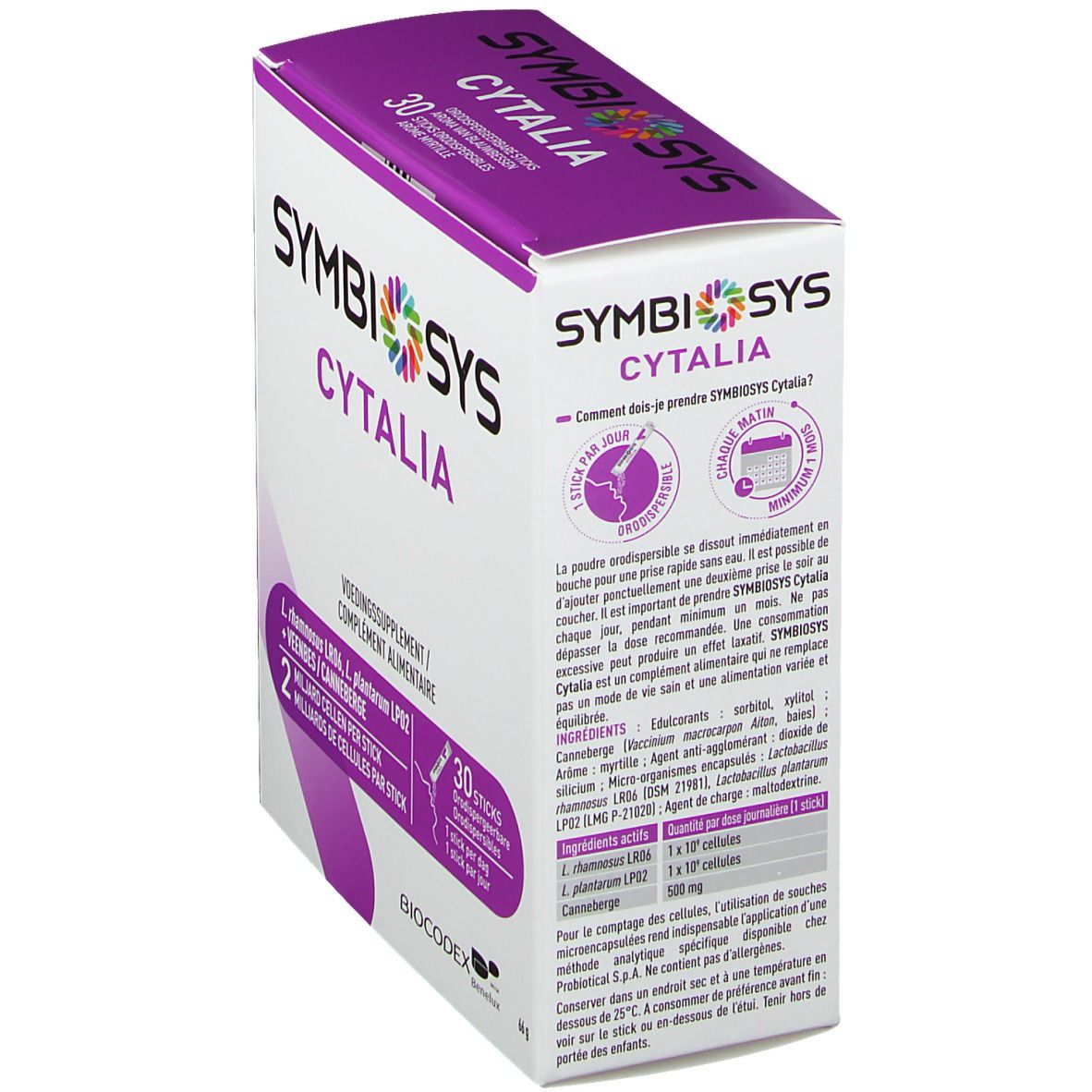 Boîte SYMBIOSYS Cytalia. Emballage violet et blanc. Contient des informations sur l'utilisation et les ingrédients.