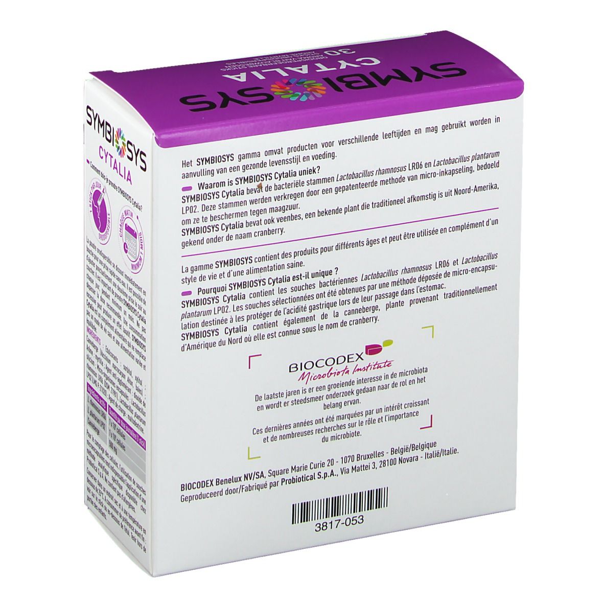 Dos de la boîte SYMBIOSYS Cytalia. Contient des informations sur le produit et le fabricant.