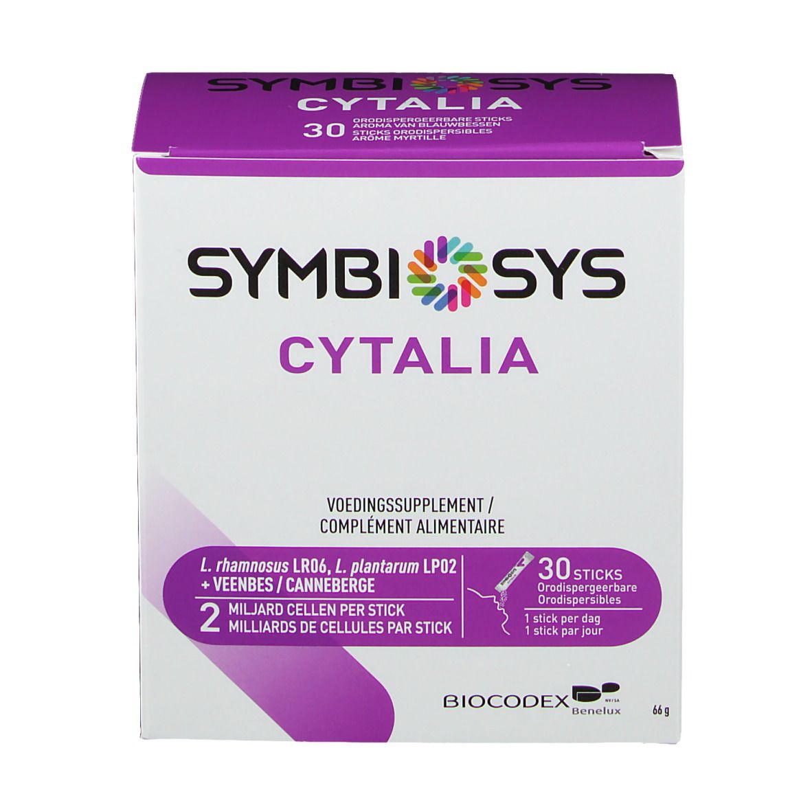 Boîte SYMBIOSYS Cytalia. Emballage violet et blanc. Contient 30 sticks. Texte : "2 milliards de cellules par stick".