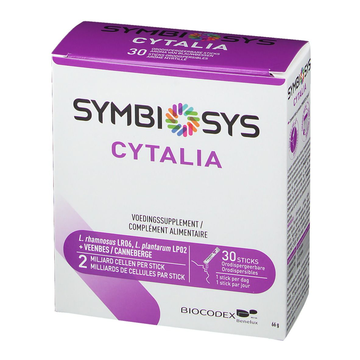 Boîte SYMBIOSYS Cytalia. Emballage violet et blanc. Contient 30 sticks. Texte : "2 milliards de cellules par stick".