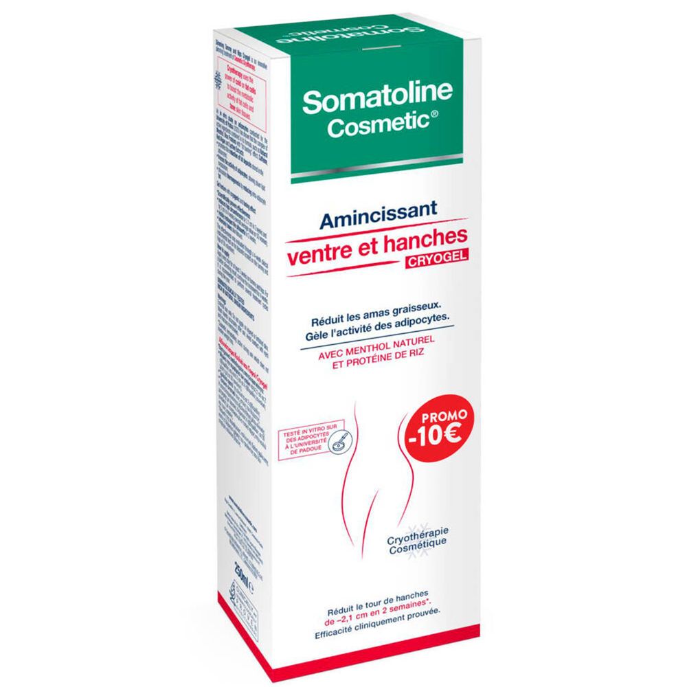 Boîte Somatoline Cosmetic®. Blanche et verte, avec nom et description du produit. Autocollant promotionnel -10€.