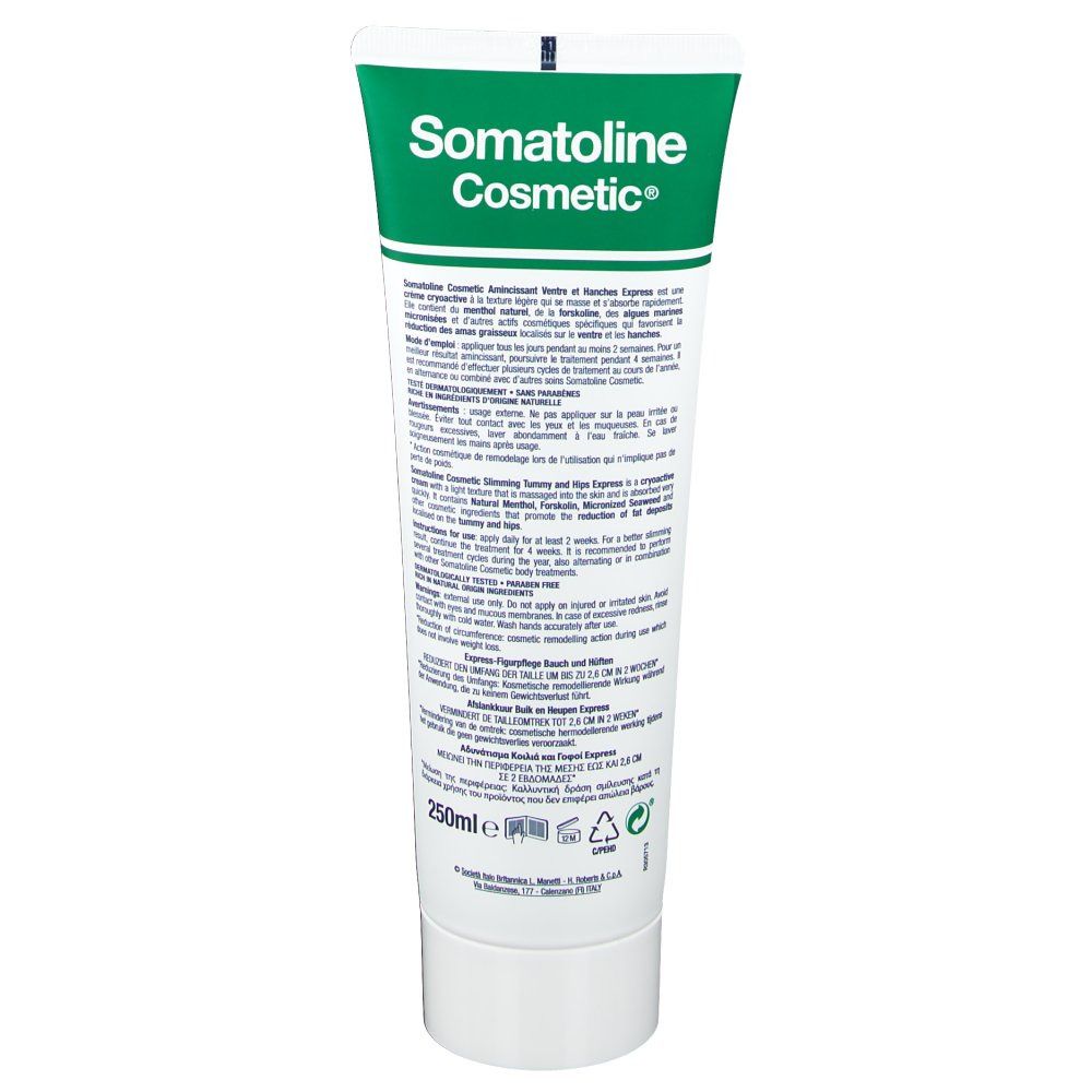 Dos du tube Somatoline Cosmetic®. Blanc avec bouchon vert. Texte multilingue. 250ml.