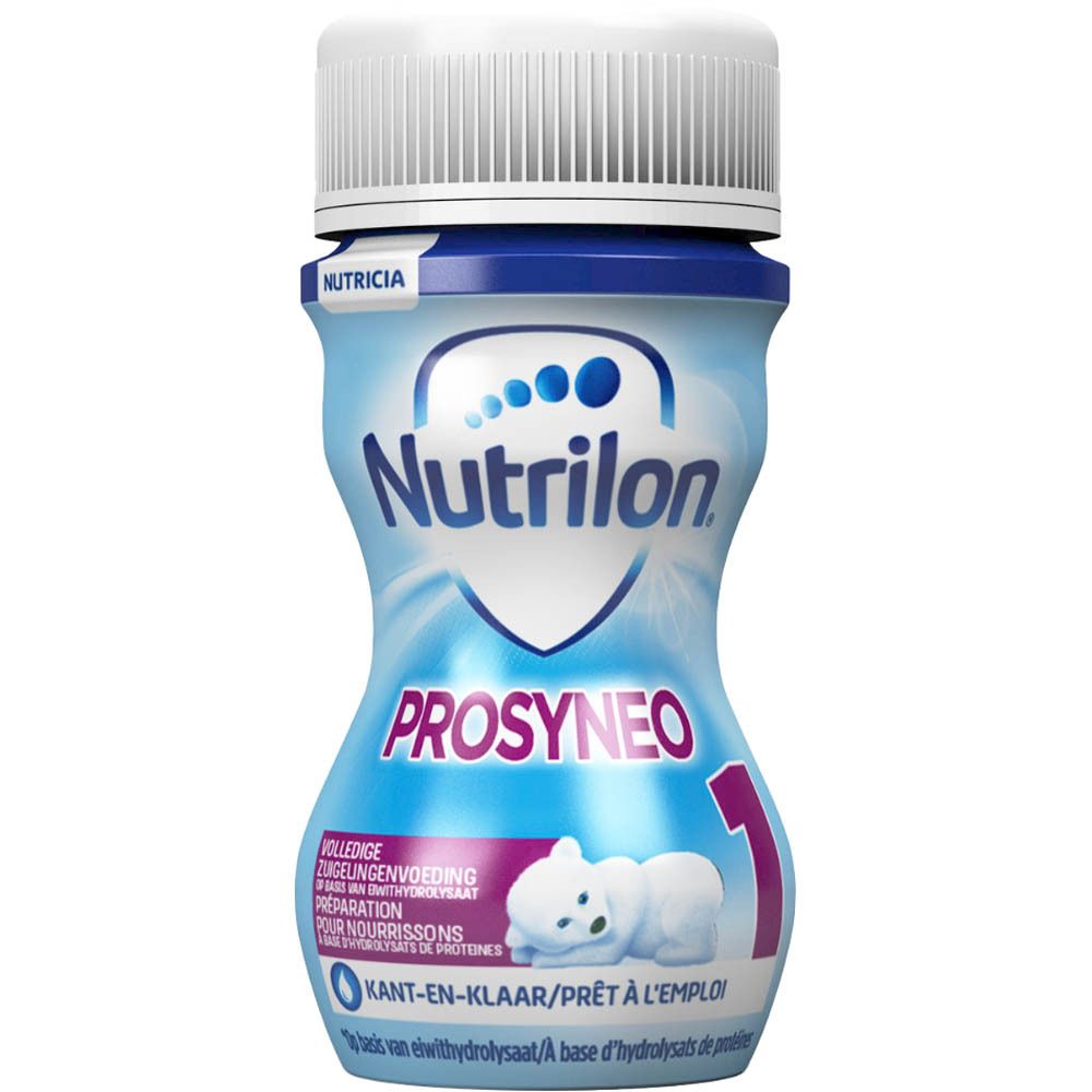 Biberon prêt à l'emploi Nutrilon Prosyneo 1. Bouteille bleue et blanche avec bouchon blanc.