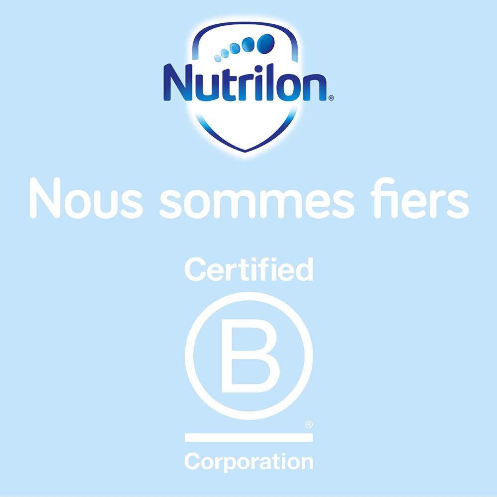 Fond bleu avec logo Nutrilon et texte : Nous sommes fiers. Certification B Corp.