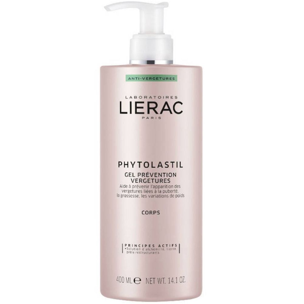 Rosa Flasche mit Pumpe. Aufschrift: LIERAC, Phytolastil Gel. Volumen: 400 ml.