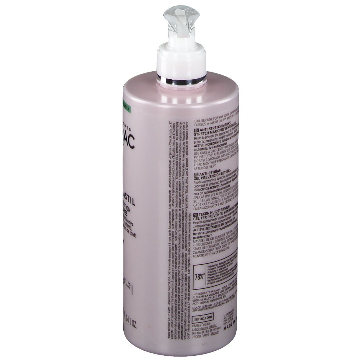 Rosa Flasche mit Pumpe. Aufschrift: LIERAC, Phytolastil Gel. Rückseite mit Text.