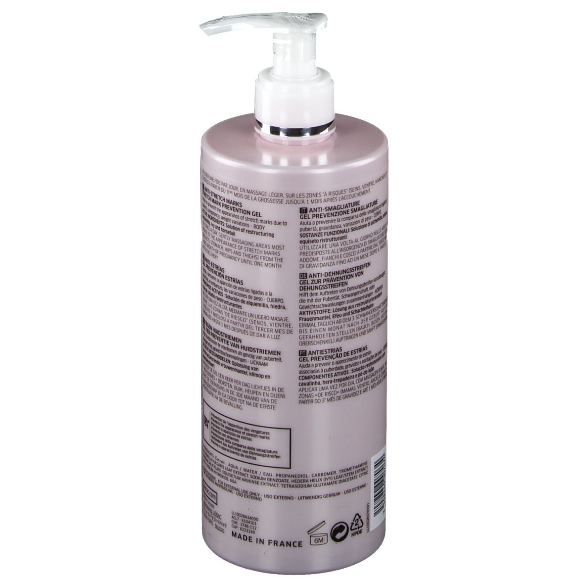 Rosa Flasche mit Pumpe. Aufschrift: LIERAC, Phytolastil Gel. Rückseite mit Text.