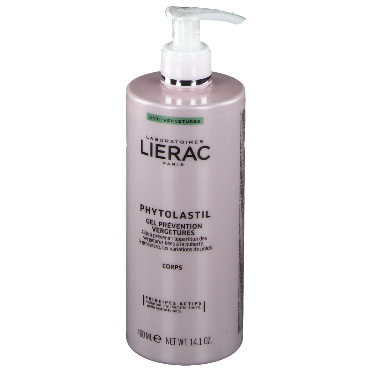 Rosa Flasche mit Pumpe. Aufschrift: LIERAC, Phytolastil Gel. Volumen: 400 ml.