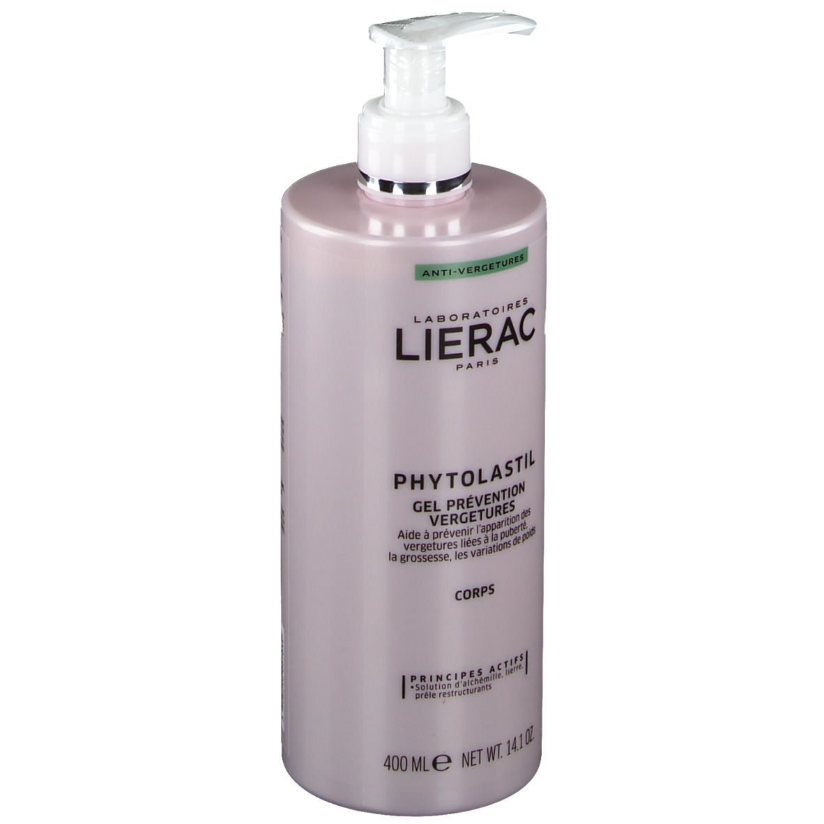 Rosa Flasche mit Pumpe. Aufschrift: LIERAC, Phytolastil Gel. Volumen: 400 ml.