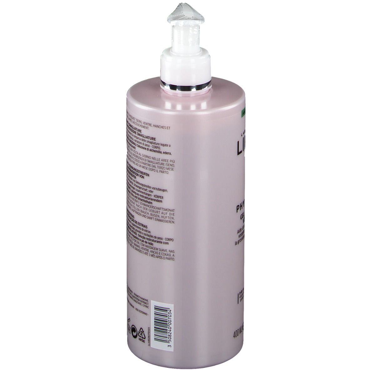 Rosa Flasche mit Pumpe. Aufschrift: LIERAC, Phytolastil Gel. Rückseite mit Text.