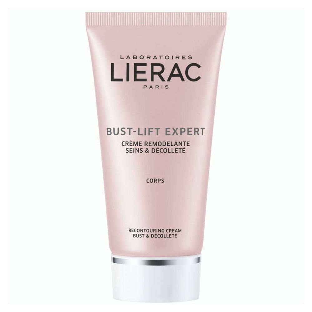 Tube rose avec bouchon blanc. Inscription: LIERAC PARIS, BUST-LIFT EXPERT, Crème Remodelante Seins & Décolleté.