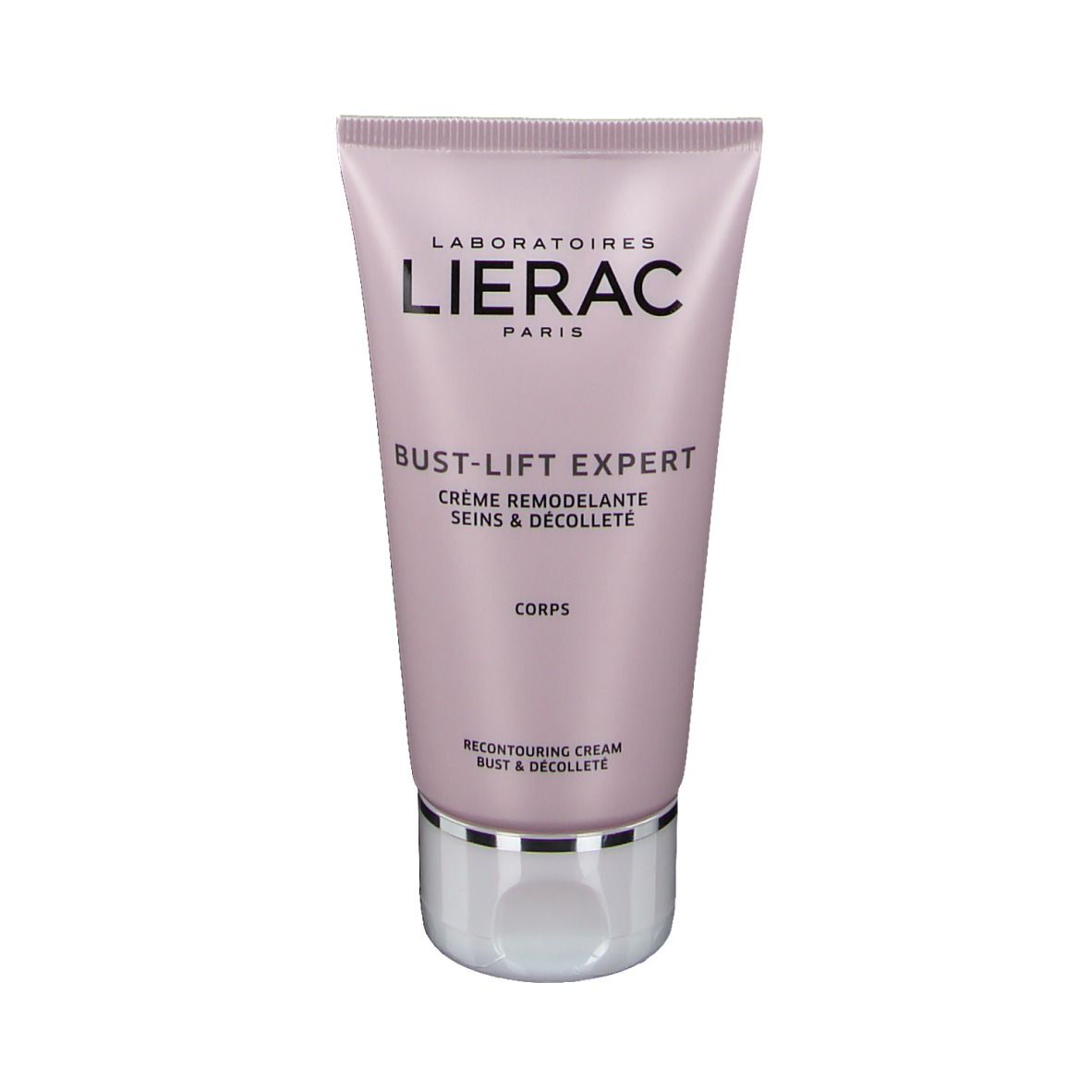 Tube rose avec bouchon blanc. Inscription: LIERAC PARIS, BUST-LIFT EXPERT, Crème Remodelante Seins & Décolleté.