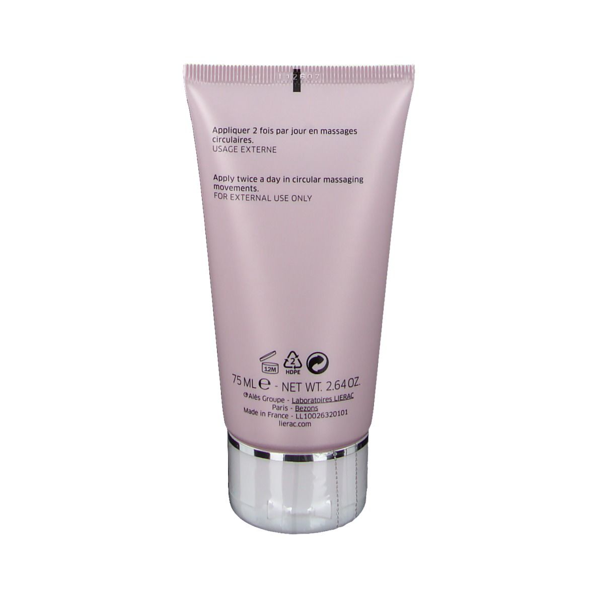 Dos du tube rose. Texte: instructions en anglais et français. 75 ml, Netto 2.64 OZ. Fabriqué en France.