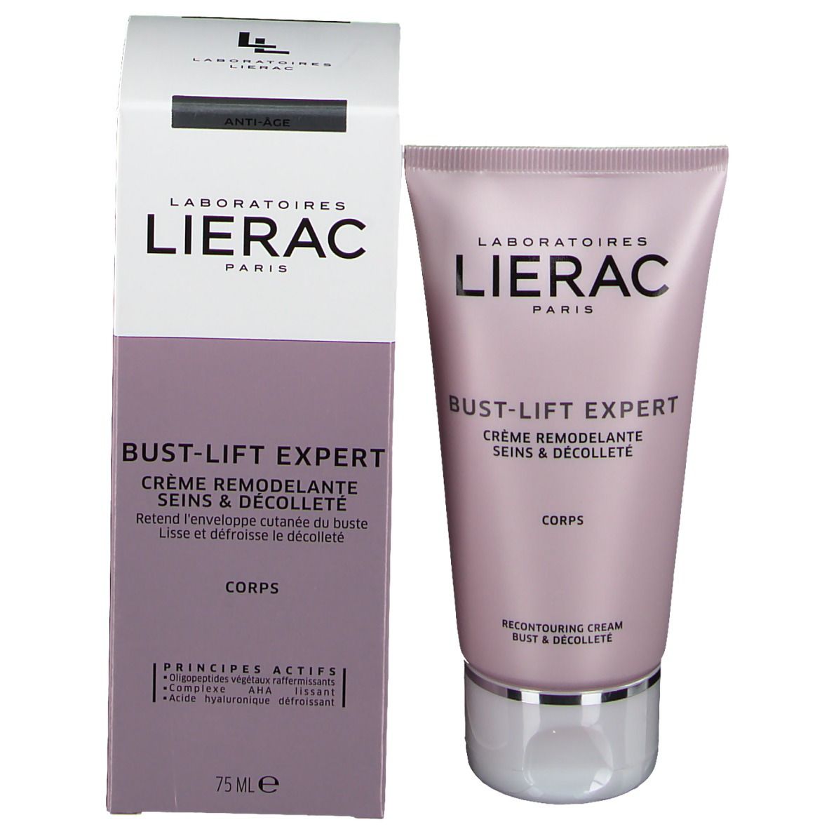 Emballage et tube. Emballage: blanc, violet. Tube: rose, blanc. Inscription: LIERAC PARIS, BUST-LIFT EXPERT, Crème Remodelante.