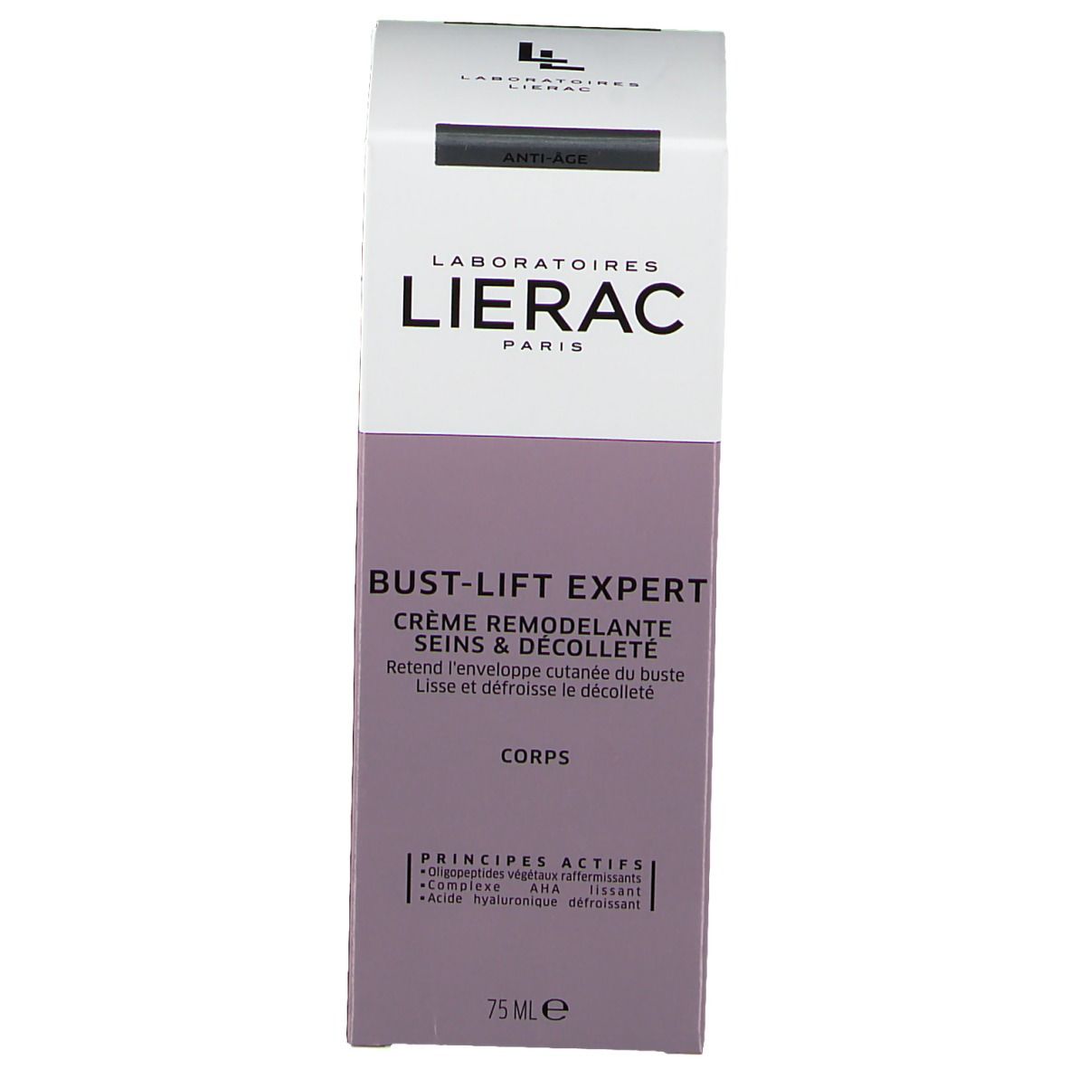 Emballage du produit. Blanc, violet. Inscription: LIERAC PARIS, BUST-LIFT EXPERT, Crème Remodelante Seins & Décolleté. 75 ml.