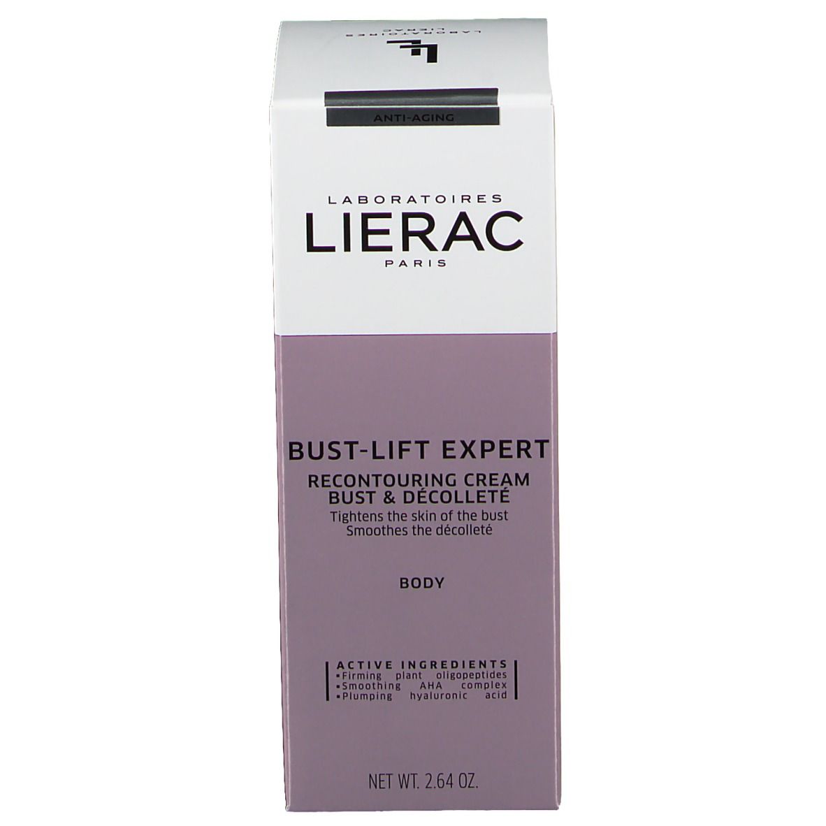Emballage du produit. Blanc, violet. Inscription: LIERAC PARIS, BUST-LIFT EXPERT, Recontouring Cream. Ingrédients.