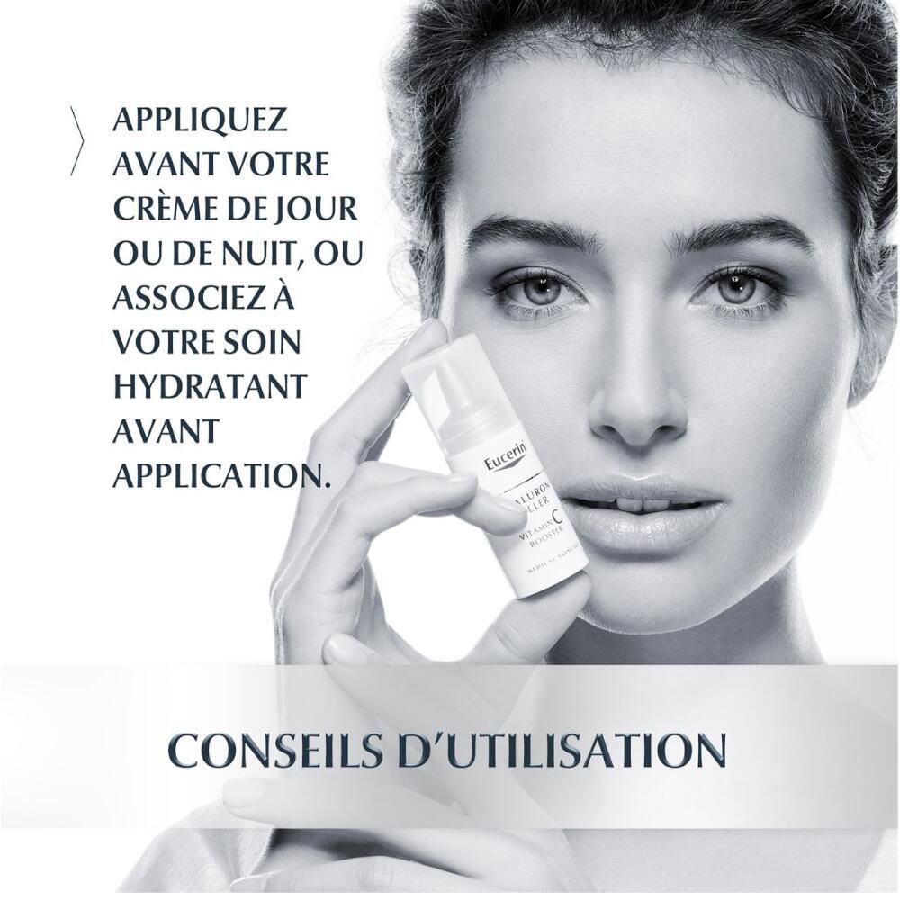 Vrouw houdt Eucerin Hyaluron-Filler Vitamin C Booster vast. Gebruiksadvies. Tekst: Aanbrengen voor dag- of nachtcrème, of met hydraterende crème.