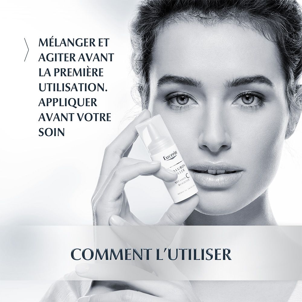 Vrouw houdt Eucerin Hyaluron-Filler Vitamin C Booster vast. Hoe te gebruiken. Tekst: Mengen en schudden voor het eerste gebruik. Aanbrengen voor de verzorging.