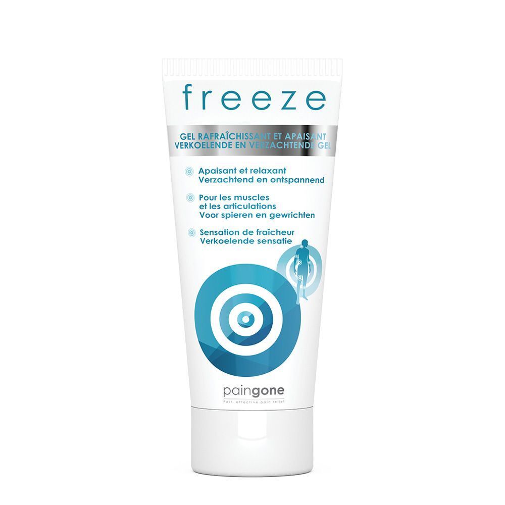 Tube blanc avec texte "freeze". Gel rafraîchissant et apaisant. Pour muscles et articulations. Gel rafraîchissant.