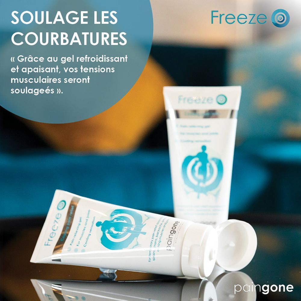 Deux tubes. Un ouvert. Texte: Soulage les courbatures. Marque: Paingone. Produit: Freeze.