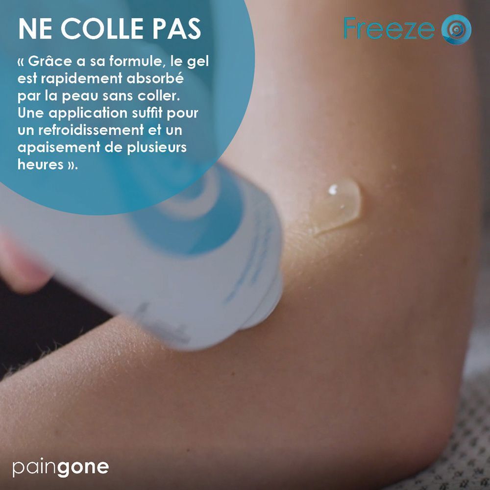 Produit appliqué sur un bras. Texte: Ne colle pas. Marque: Paingone. Produit: Freeze.
