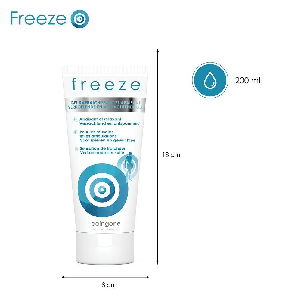 Tube blanc avec texte "freeze". Gel rafraîchissant et apaisant. Pour muscles et articulations. Gel rafraîchissant.