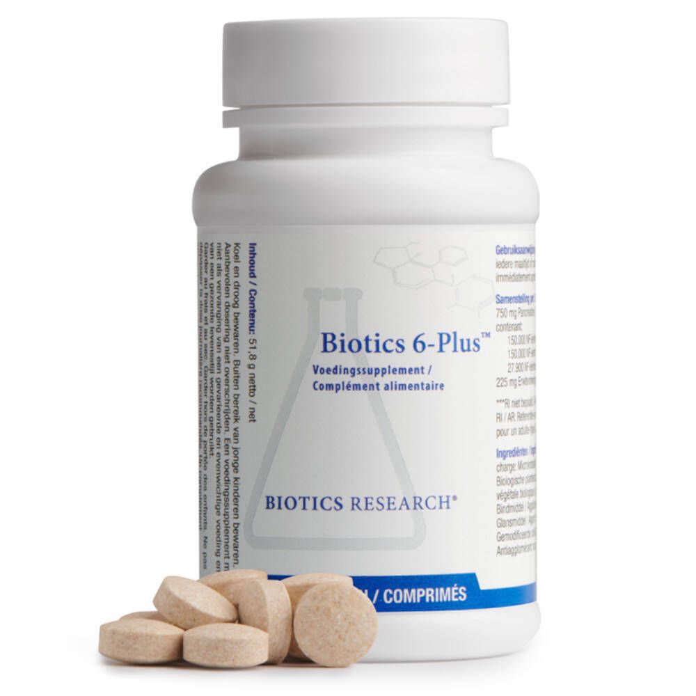 Witte fles Biotics 6-Plus met tabletten ernaast. Opschrift: 90 tabletten. Biotics Research logo. Voedingssupplement/Complément alimentaire.
