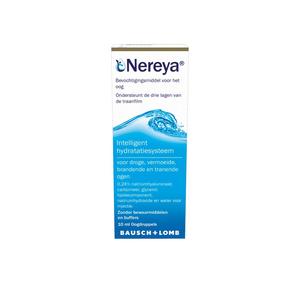 Nereya oogdruppelverpakking. Bevat 10 ml. Opschrift: Bausch + Lomb. Blauw-witte verpakking met productinformatie.