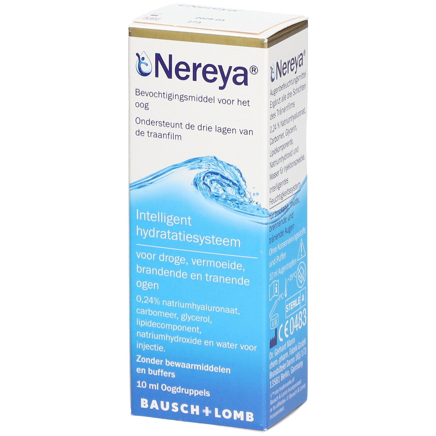 Nereya oogdruppelverpakking. Bevat 10 ml. Opschrift: Bausch + Lomb. Blauw-witte verpakking met productinformatie.