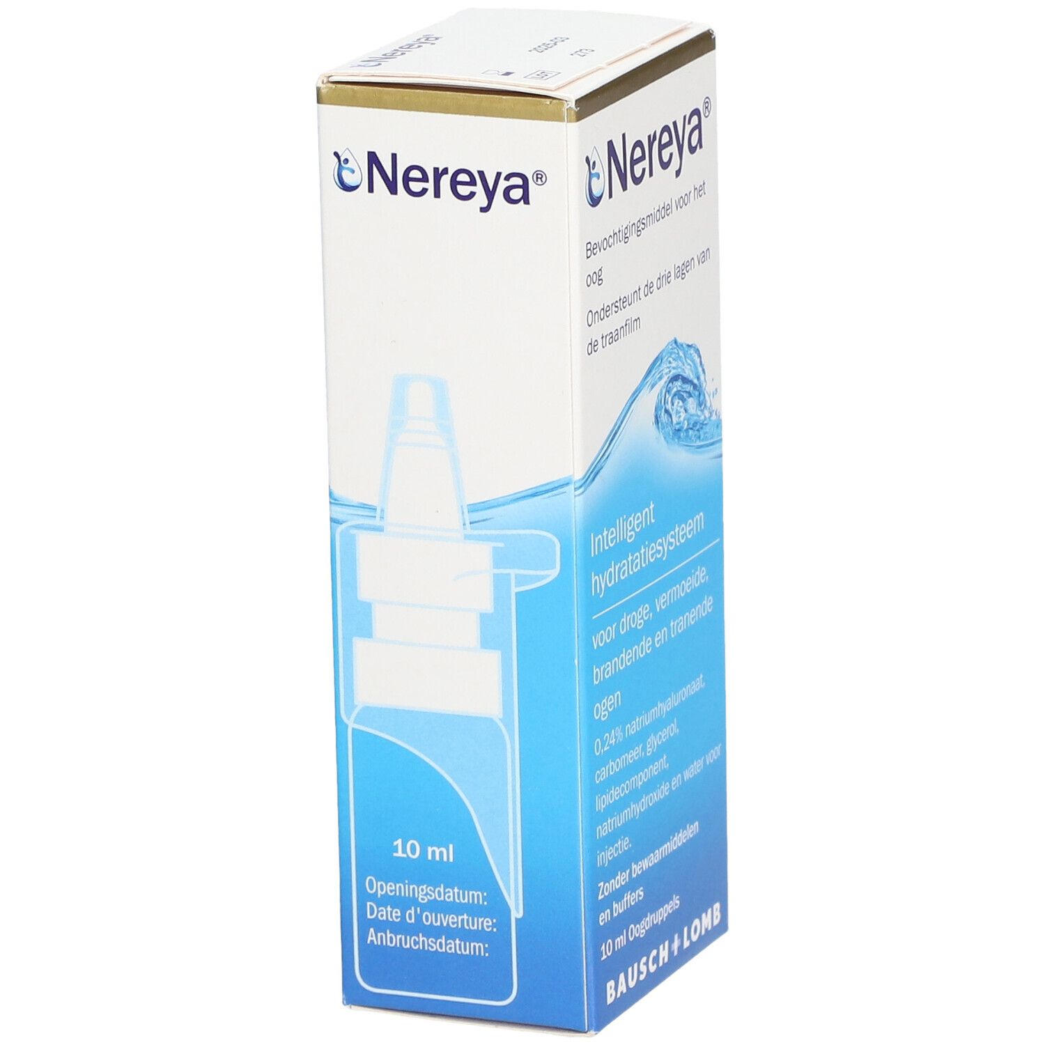 Nereya oogdruppelverpakking. Bevat 10 ml. Opschrift: Bausch + Lomb. Blauw-witte verpakking met productinformatie.