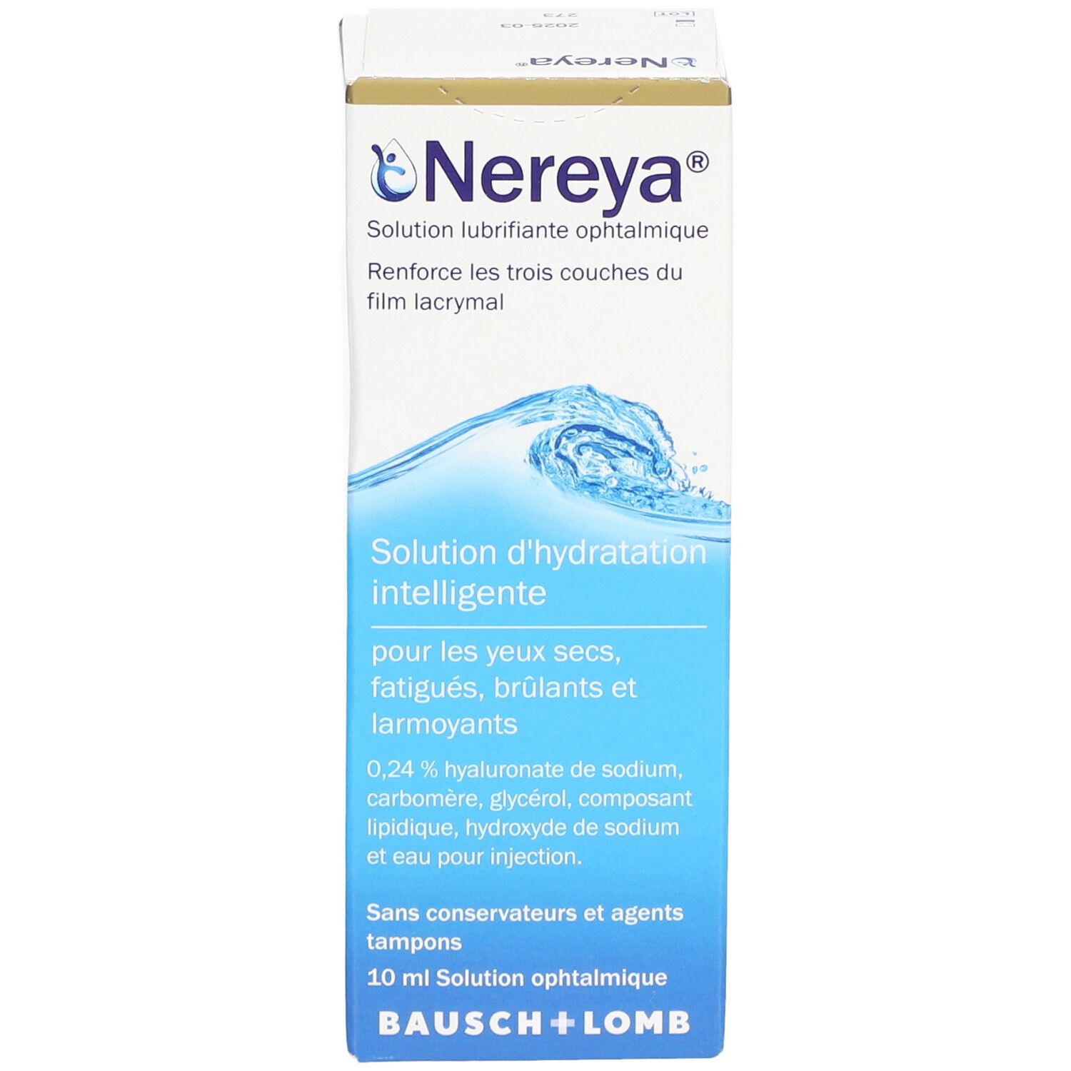 Nereya oogdruppelverpakking. Bevat 10 ml. Opschrift: Bausch + Lomb. Blauw-witte verpakking met productinformatie.