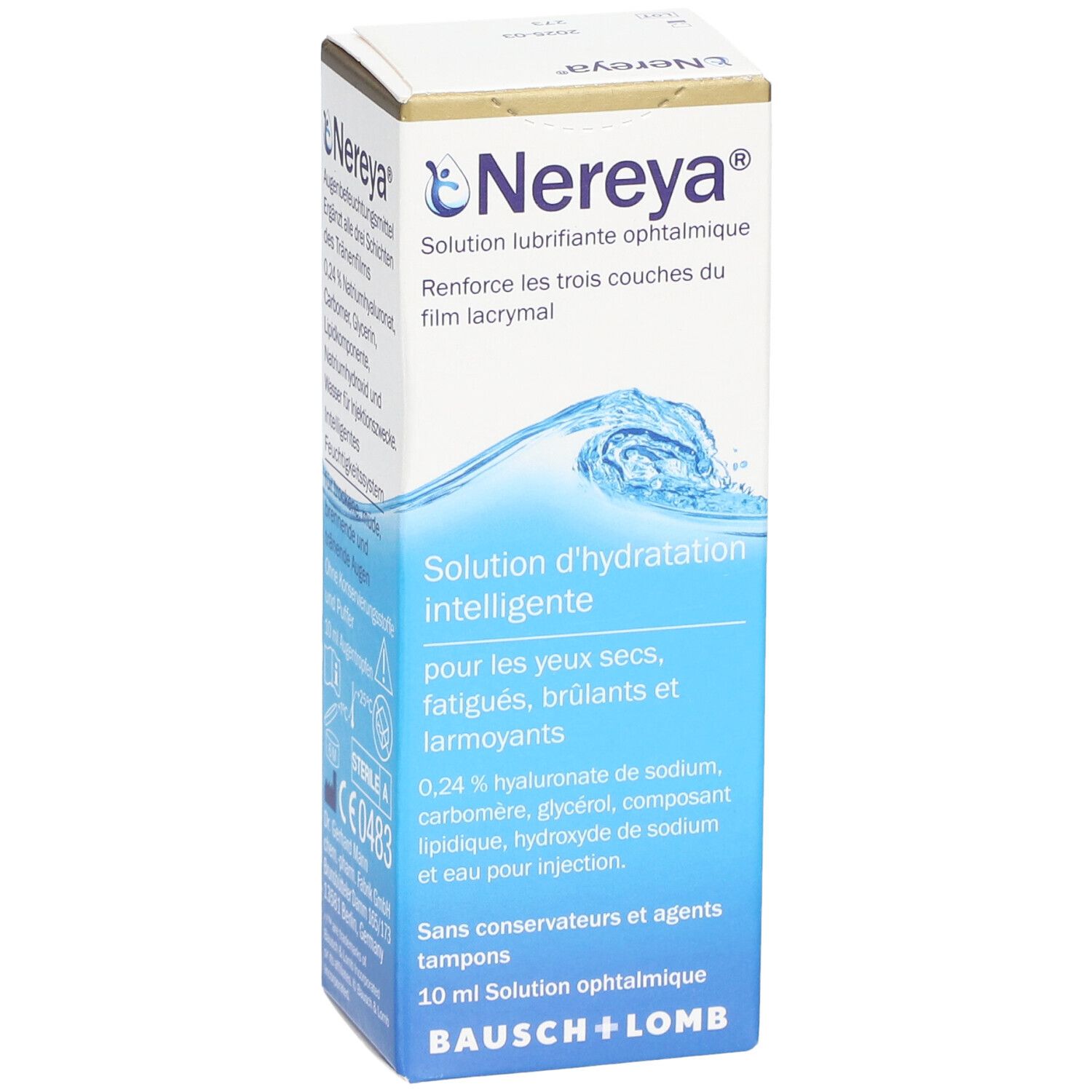 Nereya oogdruppelverpakking. Bevat 10 ml. Opschrift: Bausch + Lomb. Blauw-witte verpakking met productinformatie.
