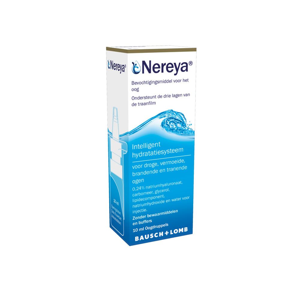 Nereya oogdruppelverpakking. Bevat 10 ml. Opschrift: Bausch + Lomb. Blauw-witte verpakking met productinformatie.