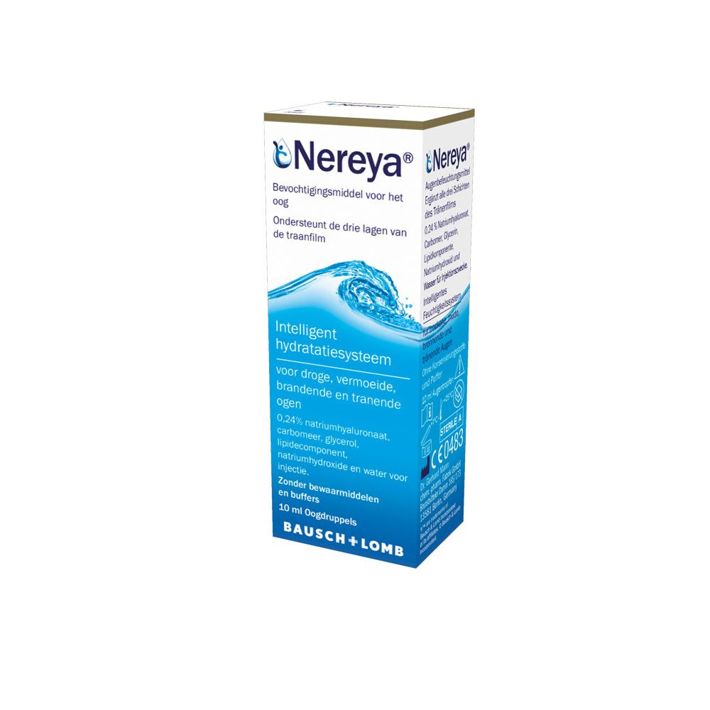 Nereya oogdruppelverpakking. Bevat 10 ml. Opschrift: Bausch + Lomb. Blauw-witte verpakking met productinformatie.